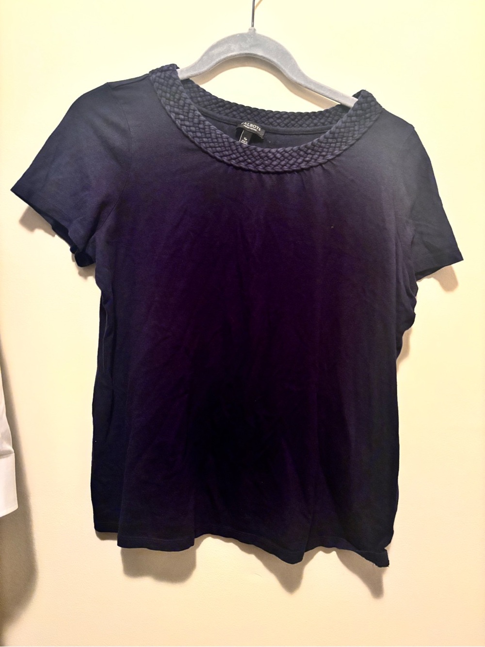 Talbots Navy Short-Sleeve Top with Braided Neckline 60% cotton 40% nylon